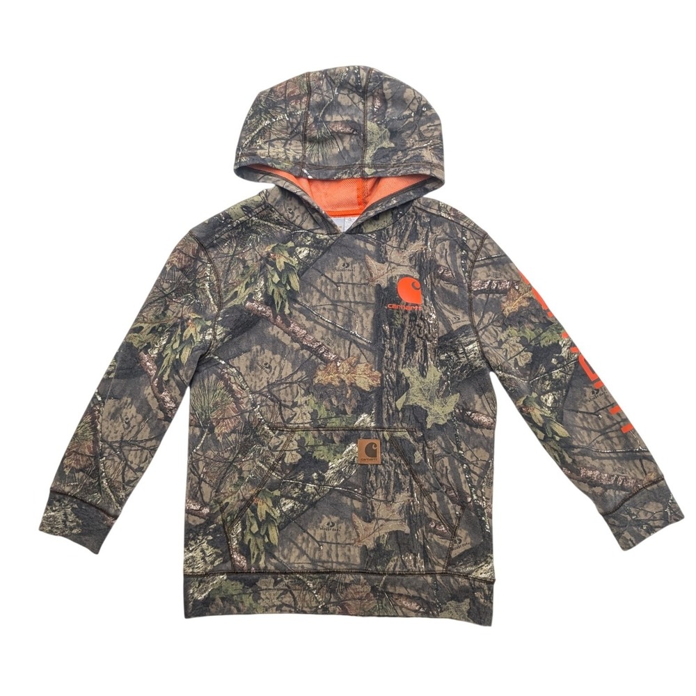 Carhartt Hoodie Boys Small 8-10 Mossy Oak Camo Orange Logo Pullover Sweatshirt